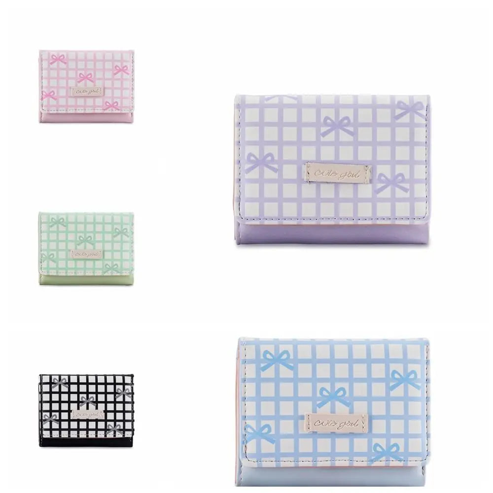 Portable Sweet Cute Tri-Fold Purses Multiple Card Slot Lattice Bow Short Wallet Candy Color PU Leather Women Card Holder Daily