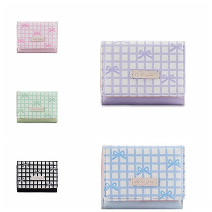 Portable Sweet Cute Tri-Fold Purses Multiple Card Slot Lattice Bow Short Wallet Candy Color PU Leather Women Card Holder Daily