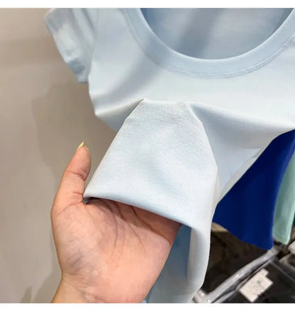 Women's Clothing U-neck T-Shirts Tops Tees pure cotton shoulder sleeved summer solid color slimming short low neck bottom shirt