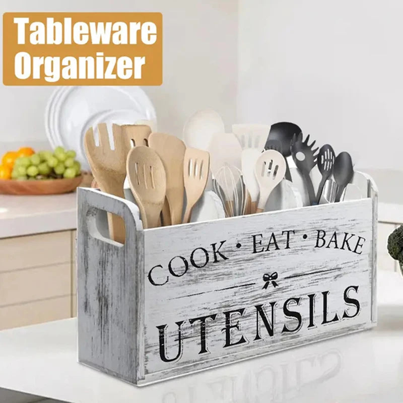 1pc Kitchen With Compartmentalized Cutlery Storage Rack, Rustic Style Wooden Countertop Organizer, Kitchenware Accessories