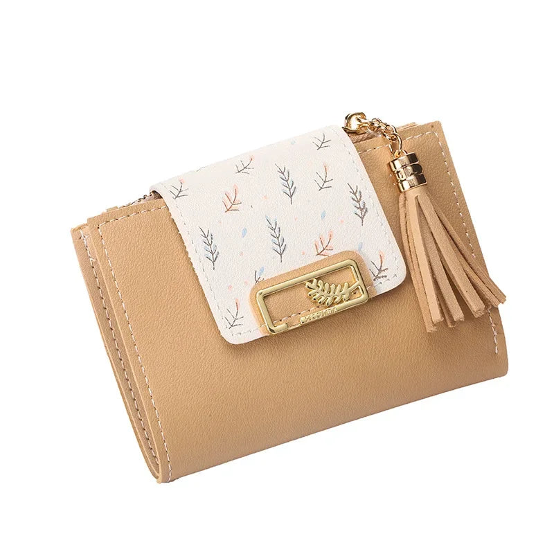 Leaf Purses For Women with Tassel Pendant Card Holder Women's Clutch Bag Short Female Wallet Coin Purse PU Cute Wallet