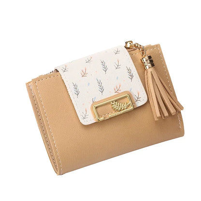 Leaf Purses For Women with Tassel Pendant Card Holder Women's Clutch Bag Short Female Wallet Coin Purse PU Cute Wallet