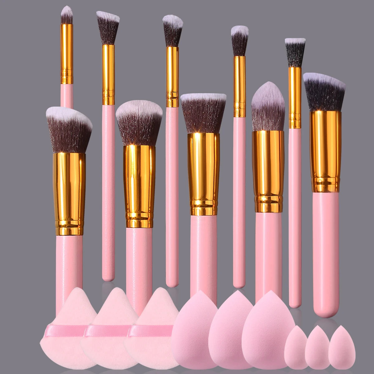19 sets of pink makeup tools with high appearance standards:10 makeup brushes,3 beauty eggs,3 powder puffs,and 3 mini beautyeggs