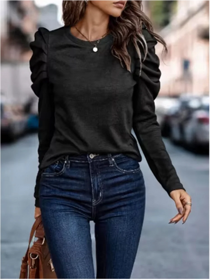 Women's  Round Neck Long Sleeved Pleated Elegant T-shirt Daily Parties Fashionable Commuting Style Autumn Top