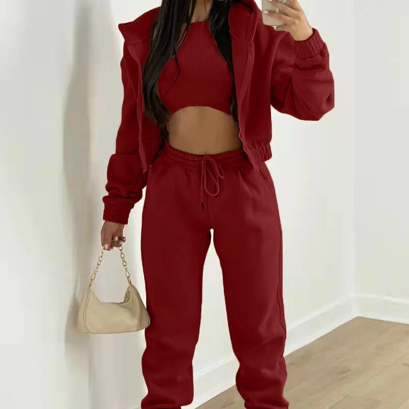 Women's 3-piece Trousers Velvet Hooded Sweatshirt Sports Casual Outfit Casual Long Sleeve Ribbed High Waist Pant Suits Sporty