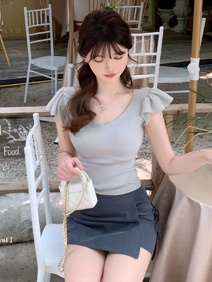 Women Clothes Summer Casual Fashion Simplicity Solid Color V-neck Tops Women's Trend All-match Sweet Temperament Slim T-Shirt