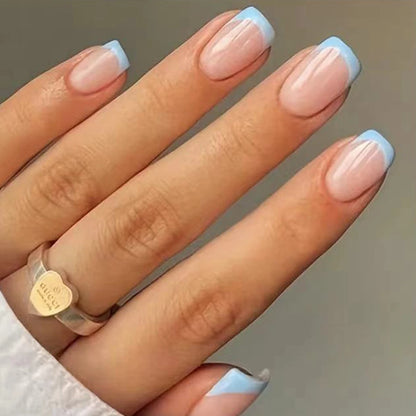 24Pcs/Set Women Girls Short French Light Blue Pink Dual Color Glossy Surface Full Coverage Wearable Fake Nail Press on Nail Art