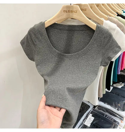Women's Clothing U-neck T-Shirts Tops Tees pure cotton shoulder sleeved summer solid color slimming short low neck bottom shirt