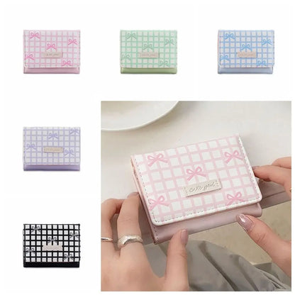 Portable Sweet Cute Tri-Fold Purses Multiple Card Slot Lattice Bow Short Wallet Candy Color PU Leather Women Card Holder Daily
