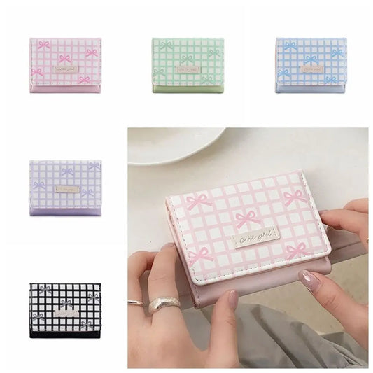 Portable Sweet Cute Tri-Fold Purses Multiple Card Slot Lattice Bow Short Wallet Candy Color PU Leather Women Card Holder Daily