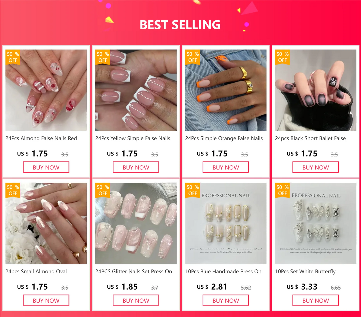 24Pcs French False Nails Almond Fake Nails with Glue Press on White Edge Design Wearable Simple Ins Pink Stiletto Nail Tips