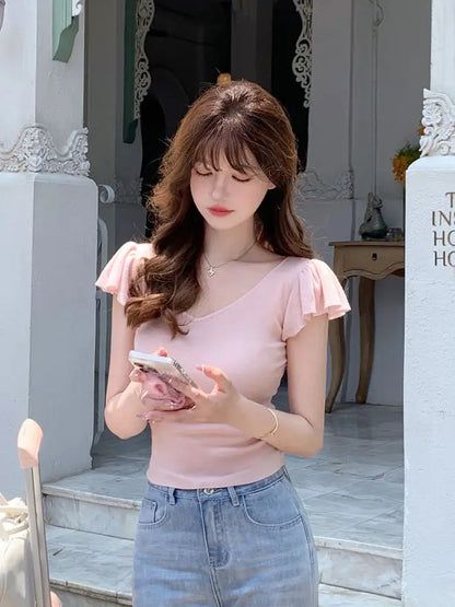 Women Clothes Summer Casual Fashion Simplicity Solid Color V-neck Tops Women's Trend All-match Sweet Temperament Slim T-Shirt