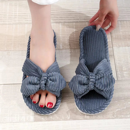 Summer House Slippers for Women Corduroy Cross Bow Indoor Slippers Slip On Bedroom Shoes with Soft Memory Foam Anti-Skid Shoes