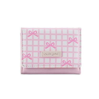 Portable Sweet Cute Tri-Fold Purses Multiple Card Slot Lattice Bow Short Wallet Candy Color PU Leather Women Card Holder Daily