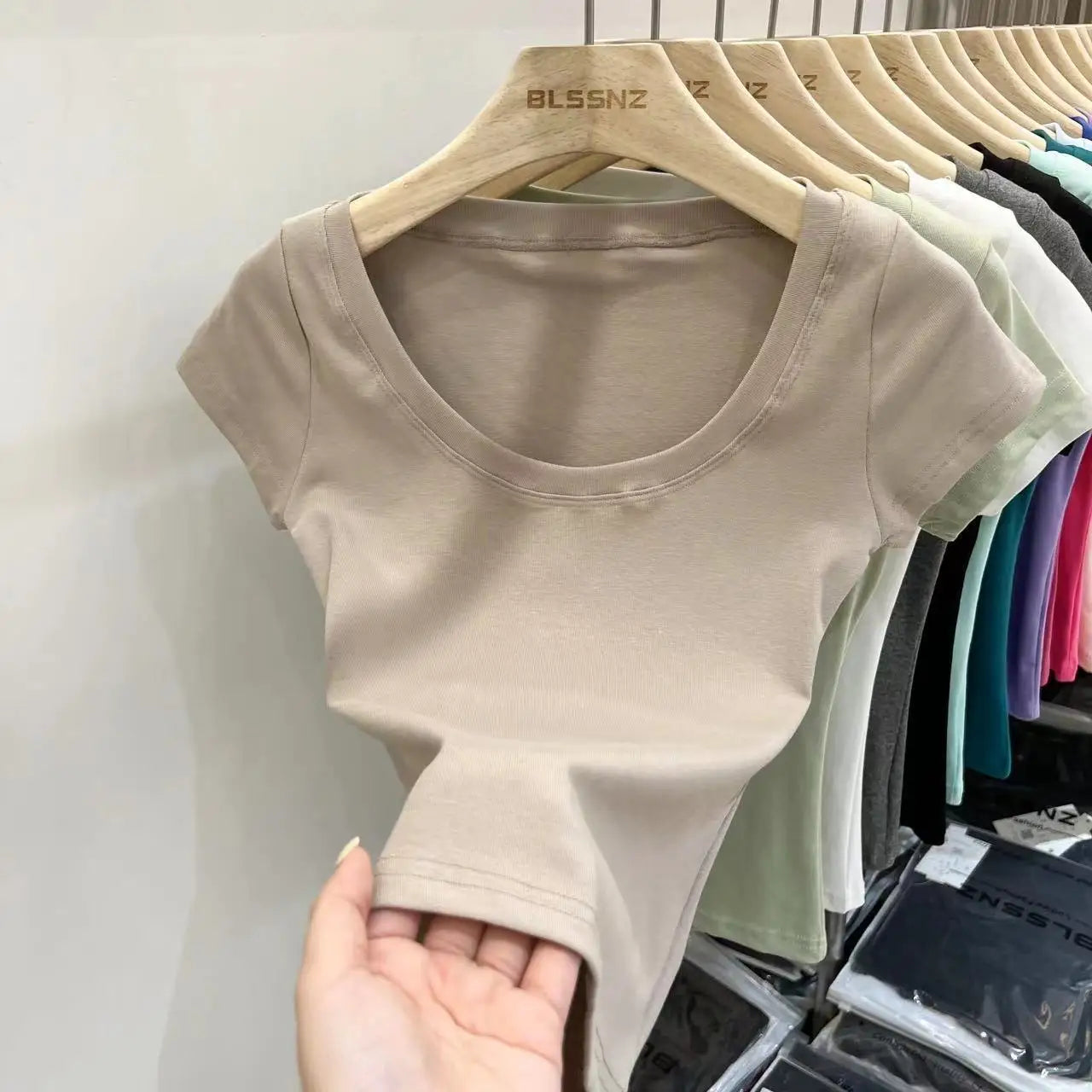 Women's Clothing U-neck T-Shirts Tops Tees pure cotton shoulder sleeved summer solid color slimming short low neck bottom shirt