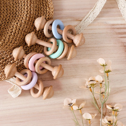Baby Toys Wooden Rattles Silicone Ring Baby Rattles and Mobiles 0 12 Months Sensory Toys for Baby  Wooden Teether for Baby Gifts