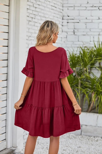 Women Clothes Summer Ruffle V Neck Short Sleeve Solid Cotton Beach Midi Dress Trendy Loose Simple Elegant Party Dresses Vestidos