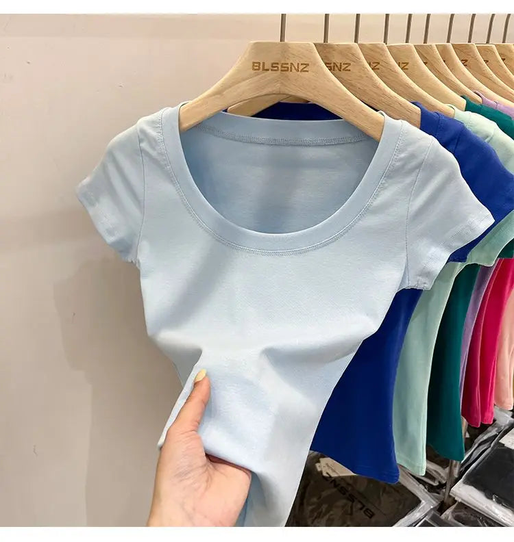Women's Clothing U-neck T-Shirts Tops Tees pure cotton shoulder sleeved summer solid color slimming short low neck bottom shirt