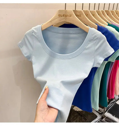 Women's Clothing U-neck T-Shirts Tops Tees pure cotton shoulder sleeved summer solid color slimming short low neck bottom shirt