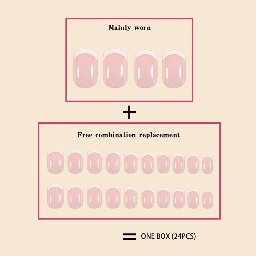 24Pcs/Set Women Girls Short French Light Blue Pink Dual Color Glossy Surface Full Coverage Wearable Fake Nail Press on Nail Art