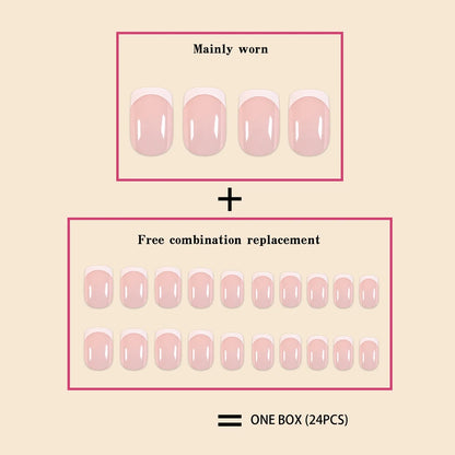 24Pcs/Set Women Girls Short French Light Blue Pink Dual Color Glossy Surface Full Coverage Wearable Fake Nail Press on Nail Art
