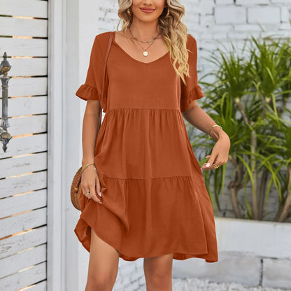 Women Clothes Summer Ruffle V Neck Short Sleeve Solid Cotton Beach Midi Dress Trendy Loose Simple Elegant Party Dresses Vestidos