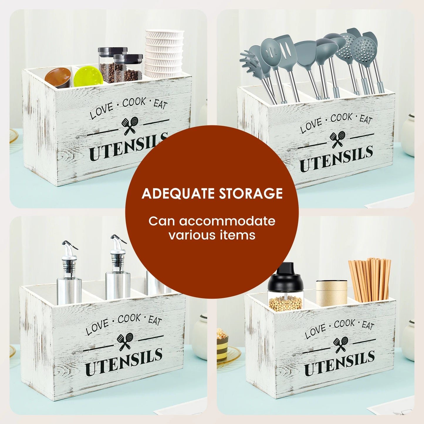 Kitchen Countertop Organizer and Cooking Tools Storage Wooden Kitchen Utensil Holder 3 Compartments Sturdy Silverware Holder