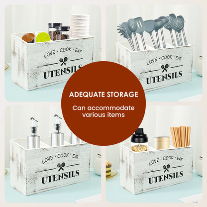 Kitchen Countertop Organizer and Cooking Tools Storage Wooden Kitchen Utensil Holder 3 Compartments Sturdy Silverware Holder