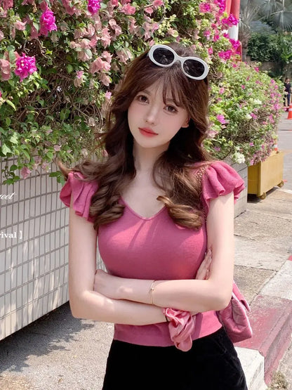 Women Clothes Summer Casual Fashion Simplicity Solid Color V-neck Tops Women's Trend All-match Sweet Temperament Slim T-Shirt