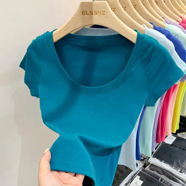 Women's Clothing U-neck T-Shirts Tops Tees pure cotton shoulder sleeved summer solid color slimming short low neck bottom shirt