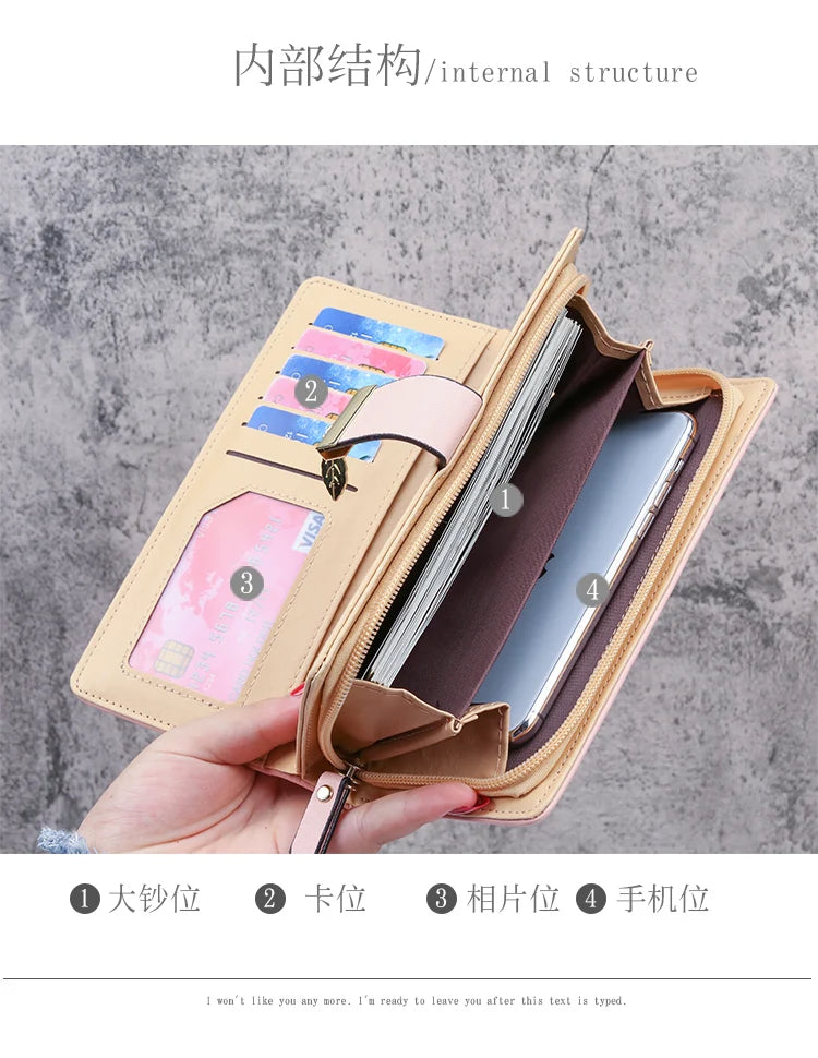 2024 new women's purse sweet lady PU leather horizontal zipper women's medium long hollow leaf purse