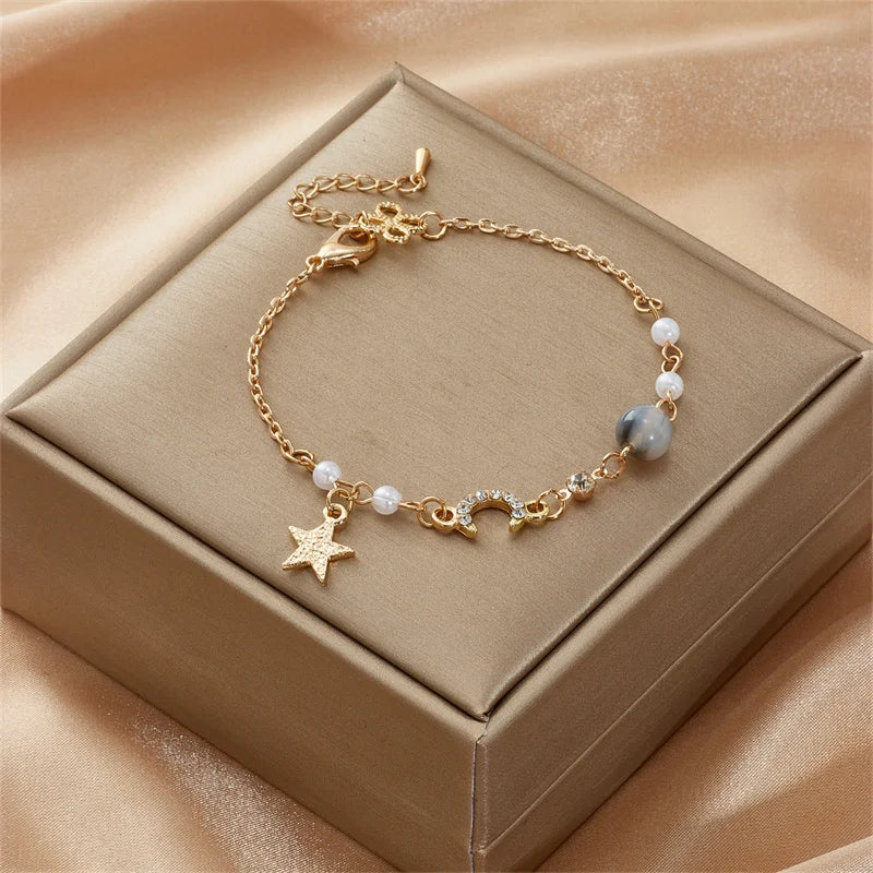 Silver Color Zircon Bracelet For Women Girls Shiny Crystal Bracelets Moon Cherry Butterfly Pendant Bangles Wristband Jewelry
