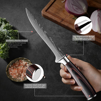 Kitchen Knife 6PCS Set Stainless Steel ,Includes Chef's Knife, Bread , Boning Knife, Fruit Knife, with Solid Wood Knife Holder
