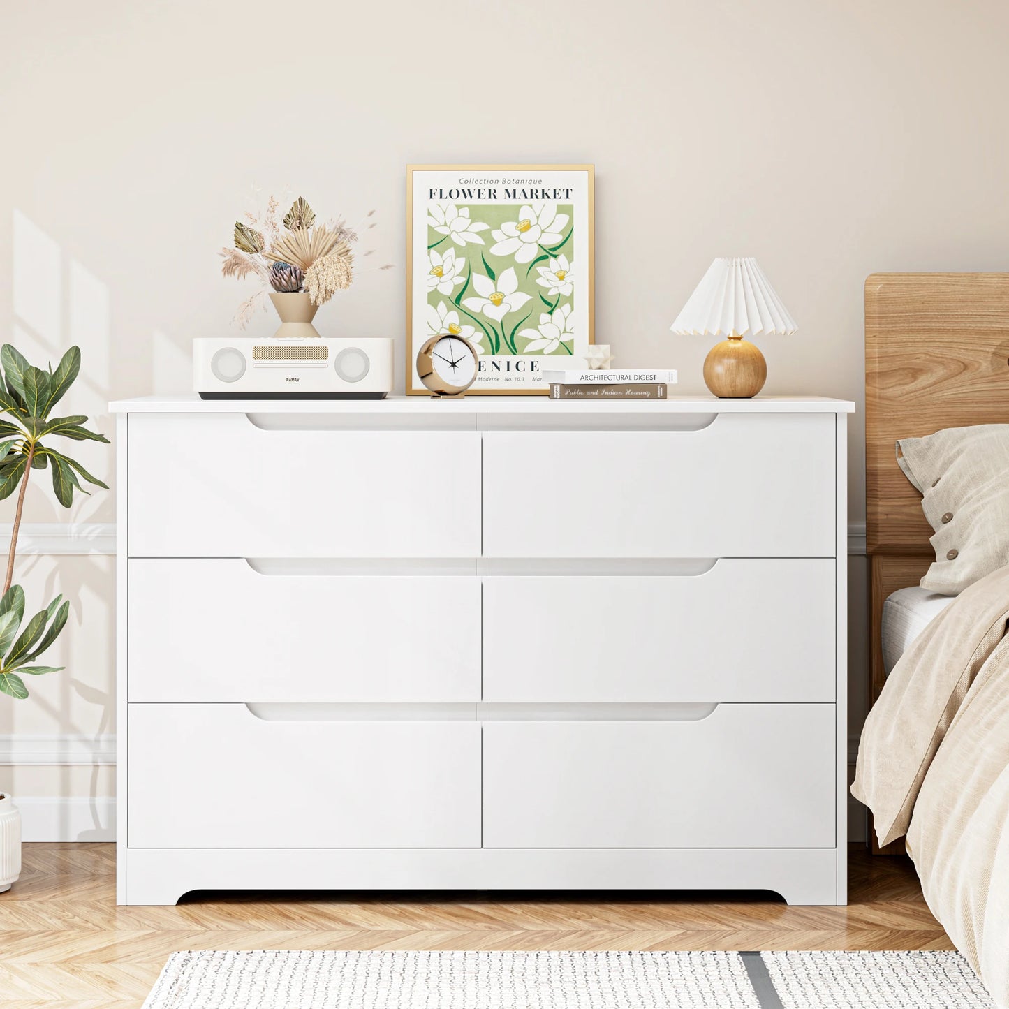 Dresser with 6 drawers, Bedroom Dresser, Dresser White with drawers for dining room, kitchen, living room, wood, modern