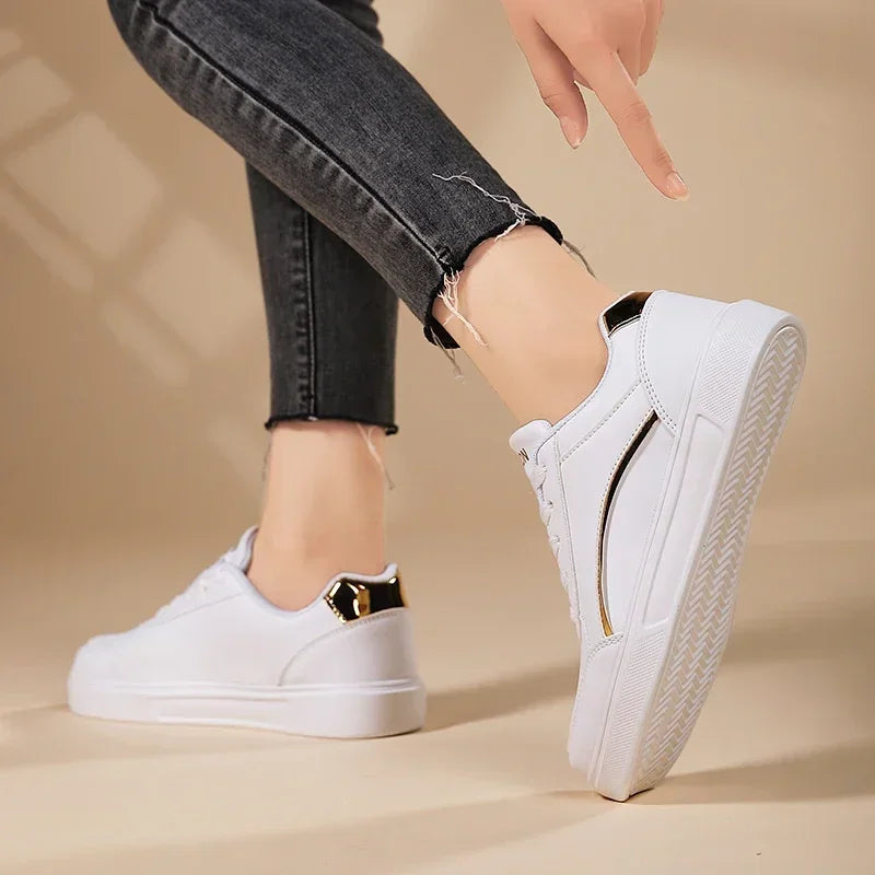 Women Casual Shoes Lace Up White Shoes Board Flat Female White PU Leather Walking Sneakers Thick Sole Outdoor Luxury Fashion