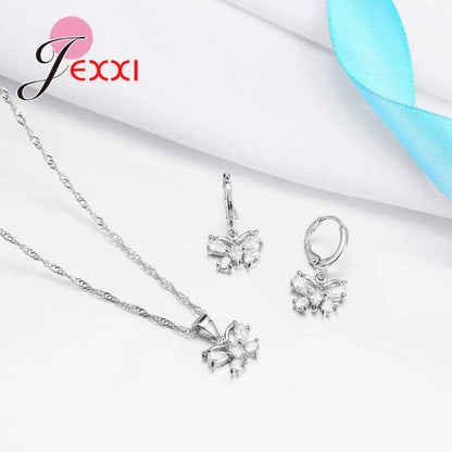 Fine Jewelry Sets Genuine 925 Sterling Silver Zircon Pendant Necklace Earrings Set for Women Crystal Bowknot Bijoux