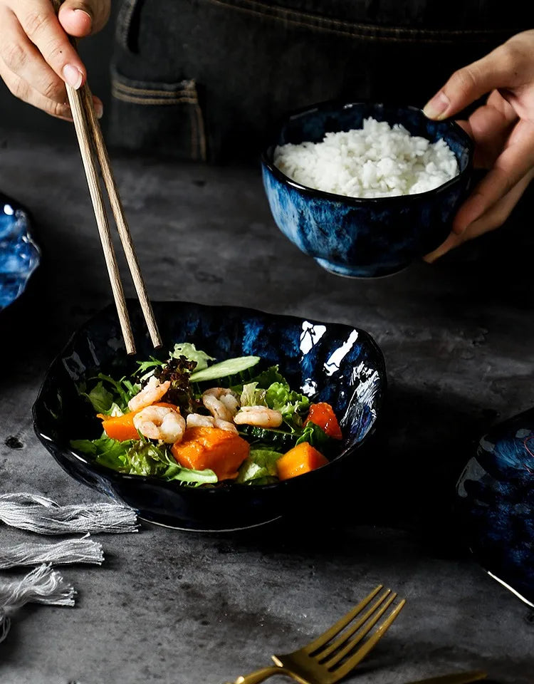 Creative Kiln-Change Bowl and Plate Tableware Home Retro Ceramic Tableware Hotel Dish Plate Rice Bowl Set Home Fish Plate