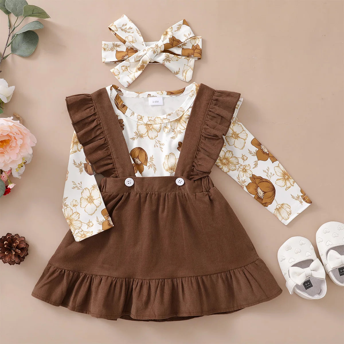 0-12 Months Newborn Baby Girl Clothes Set Flowers Print Long Sleeve Romper Top Suspender Skirt Spring&Autumn Lovely Outfit