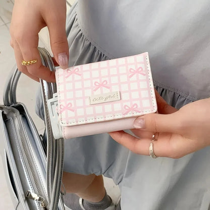 Portable Sweet Cute Tri-Fold Purses Multiple Card Slot Lattice Bow Short Wallet Candy Color PU Leather Women Card Holder Daily