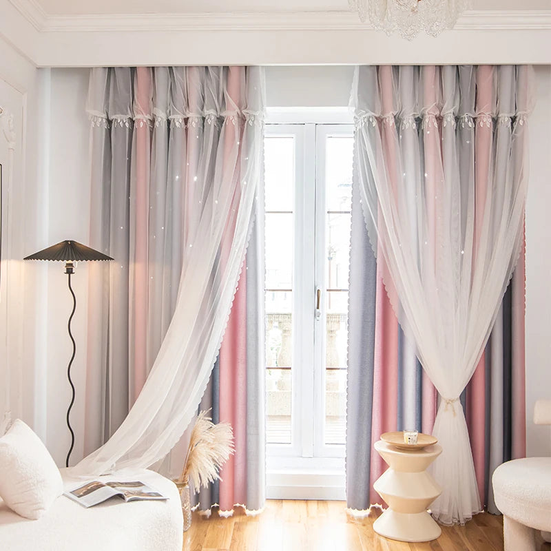 Double-Layer Blackout Curtains with Self-Stick Rodless and Lace Sheer Tieback for Living Room and Bedroom - Block Out Light and