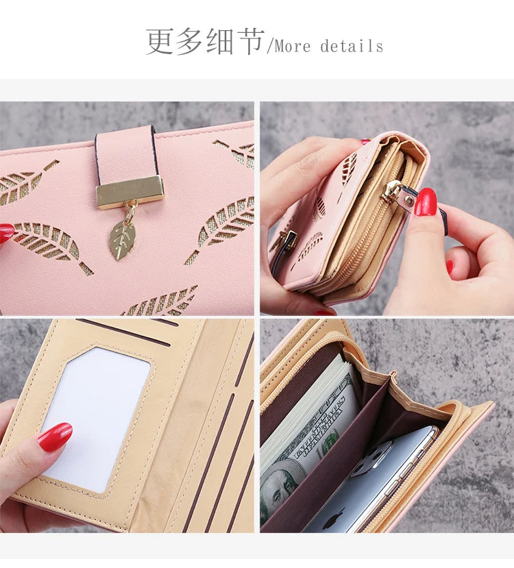 2024 new women's purse sweet lady PU leather horizontal zipper women's medium long hollow leaf purse