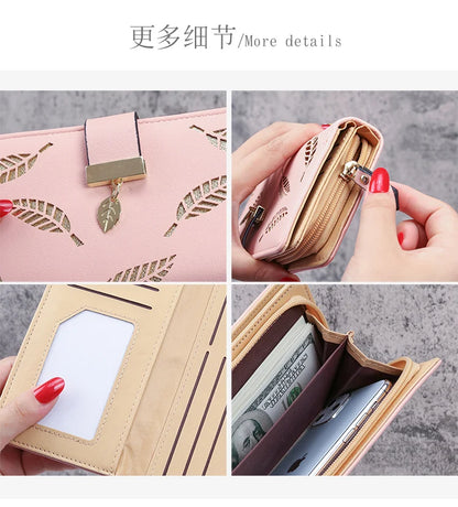 2024 new women's purse sweet lady PU leather horizontal zipper women's medium long hollow leaf purse