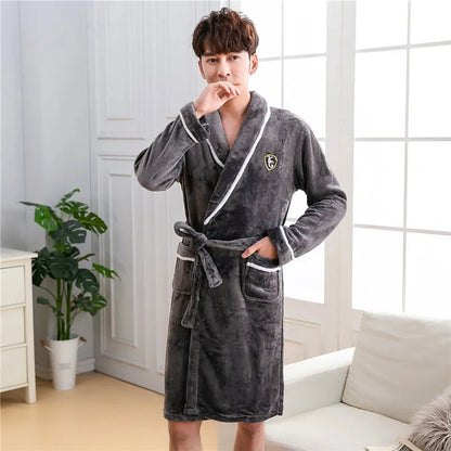 Plus Size Thick Flannel Men Robe Kimono Bathrobe Gown Coral Fleece Sleepwear Home Clothes Autumn Winter Nightwear Lounge Wear