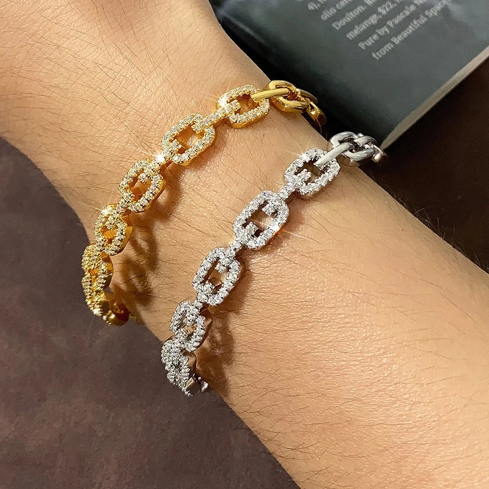 Yupsk Shiny Zircon Hollow Rectangle Link Cuff Bangle Bracelet for Women Luxury Wedding Party Jewelry Women's Gift