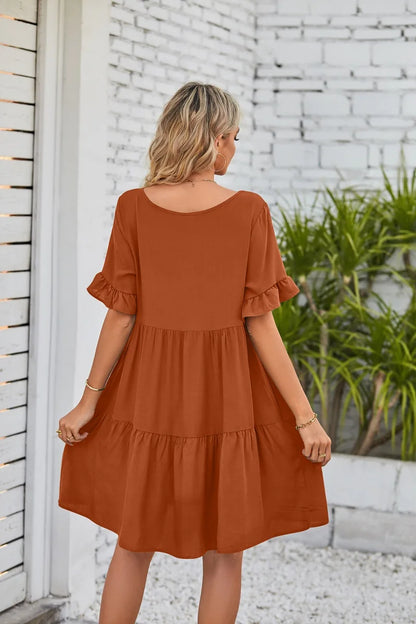 Women Clothes Summer Ruffle V Neck Short Sleeve Solid Cotton Beach Midi Dress Trendy Loose Simple Elegant Party Dresses Vestidos