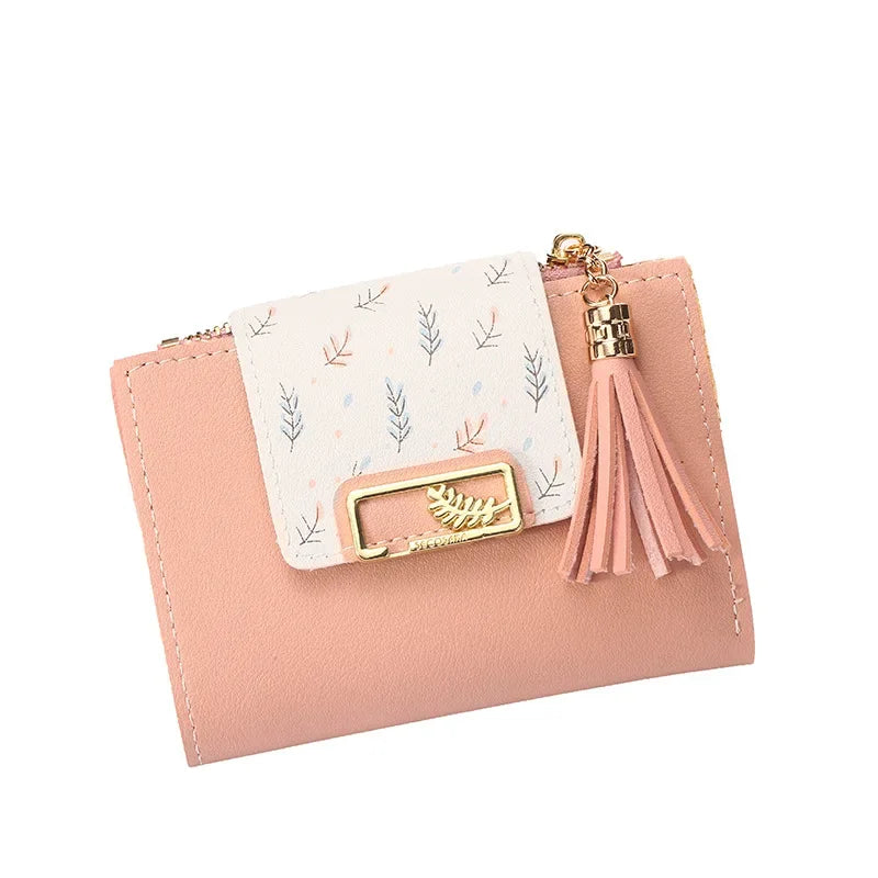 Leaf Purses For Women with Tassel Pendant Card Holder Women's Clutch Bag Short Female Wallet Coin Purse PU Cute Wallet