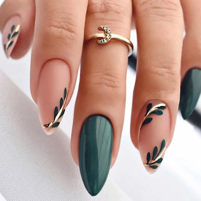 24pcs/box Women Long Almond Shaped False Nails Green Leaves Diy Fake Nail Artificial Acrylic Wearable Full Coverage Fingernail
