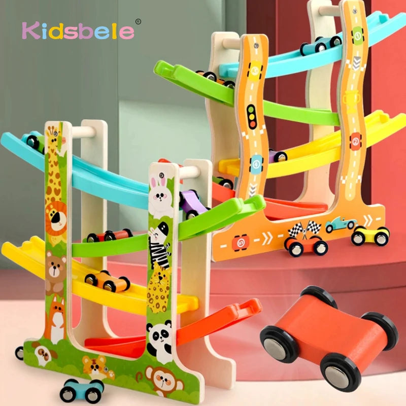 Kids Four-layer Wooden Gliders  Montessori Inertia Track Car Toys Animal And Traffic Theme Early Educational Toys Birthday Gifts