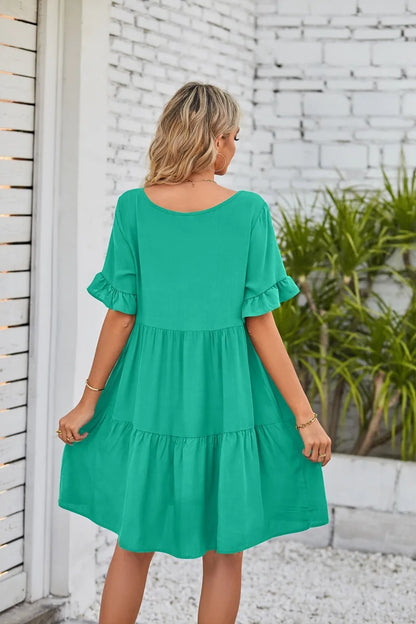 Women Clothes Summer Ruffle V Neck Short Sleeve Solid Cotton Beach Midi Dress Trendy Loose Simple Elegant Party Dresses Vestidos
