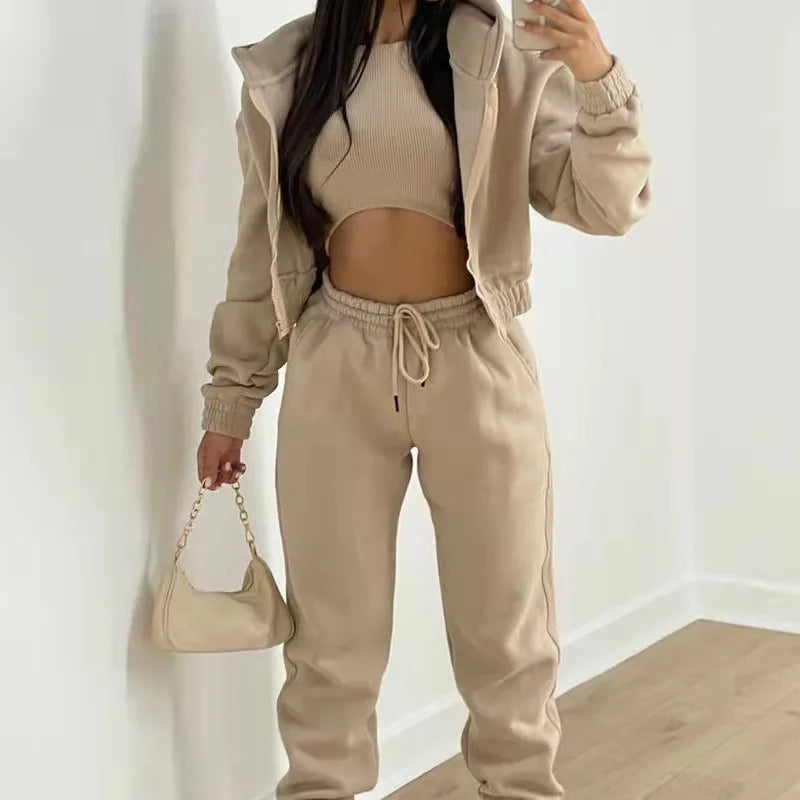 Women's 3-piece Trousers Velvet Hooded Sweatshirt Sports Casual Outfit Casual Long Sleeve Ribbed High Waist Pant Suits Sporty